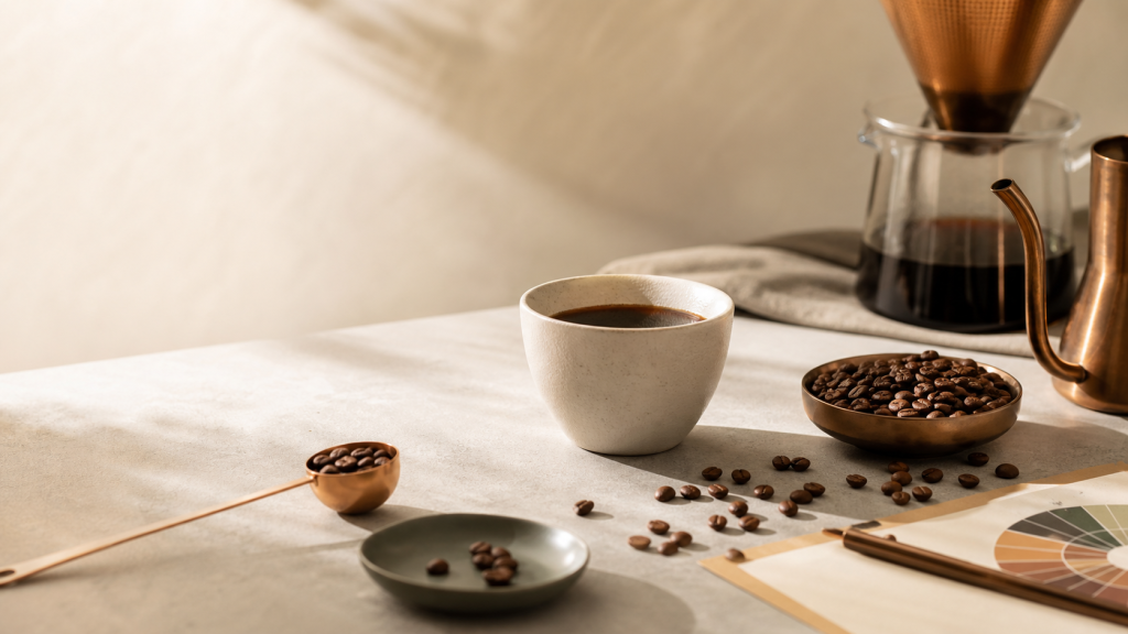 Premium coffee brewing scene with roasted beans and tasting notes