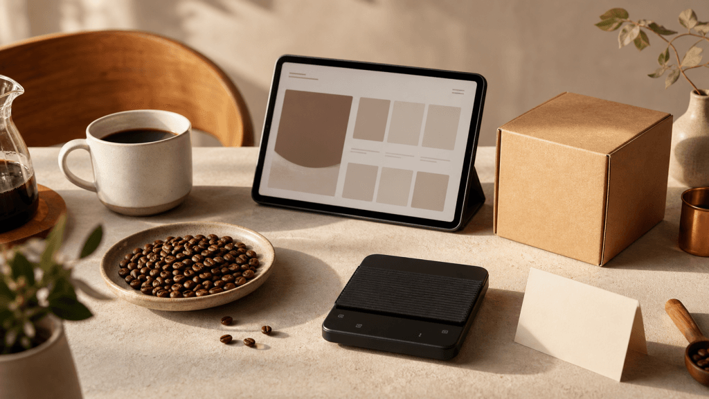 Premium coffee support scene with cup, beans, brew scale, tablet and unbranded delivery box