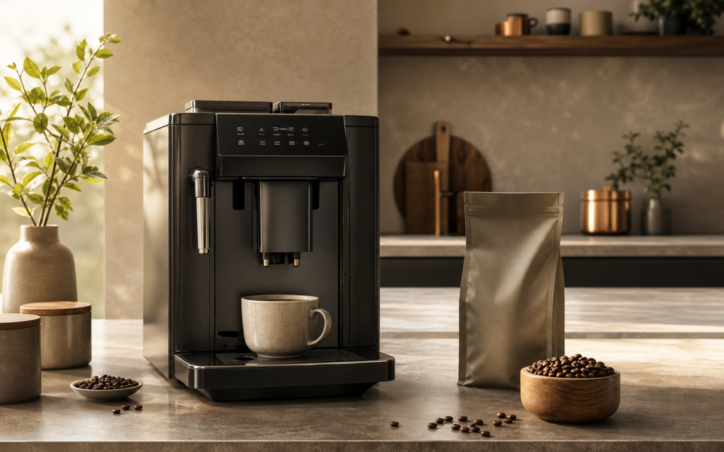 Premium automatic coffee machine setup with cup, roasted beans and unbranded coffee pouch on a warm kitchen counter