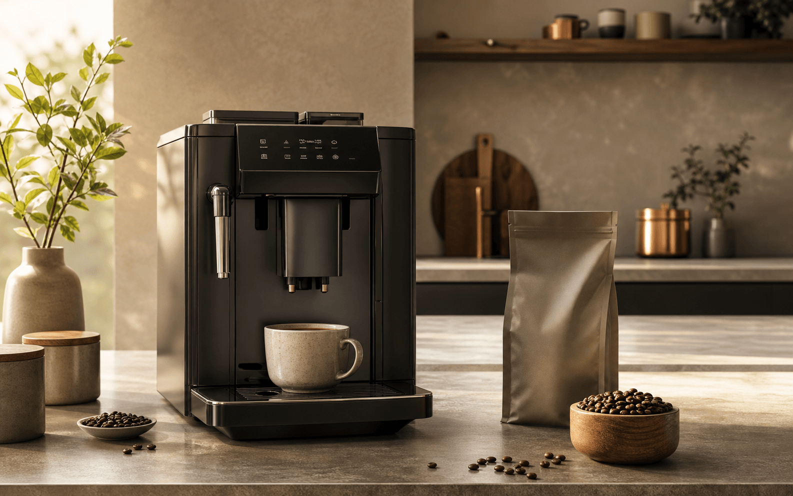 Premium automatic coffee machine setup with cup, roasted beans and unbranded coffee pouch on a warm kitchen counter