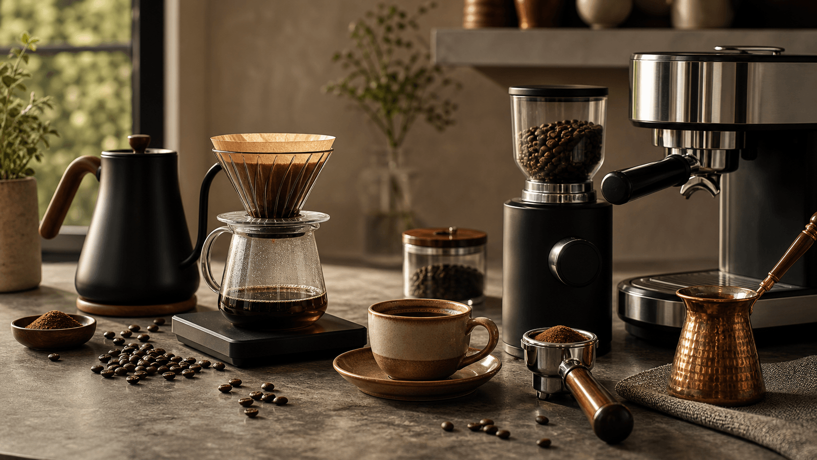 Premium coffee brew method scene with filter dripper, espresso tools, grinder, Turkish pot and roasted beans