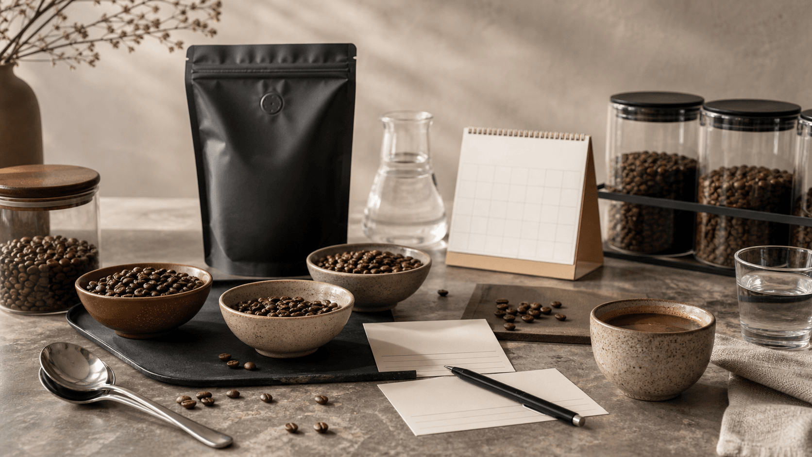 Premium coffee science scene with roasted beans, blank tasting cards, cupping spoons, glass jars and unbranded valve bag