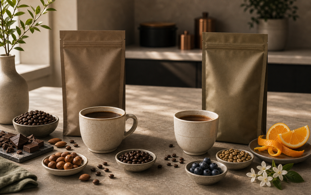 Premium comparison scene with two coffee tasting setups, roasted beans, citrus, nuts and unbranded coffee pouches