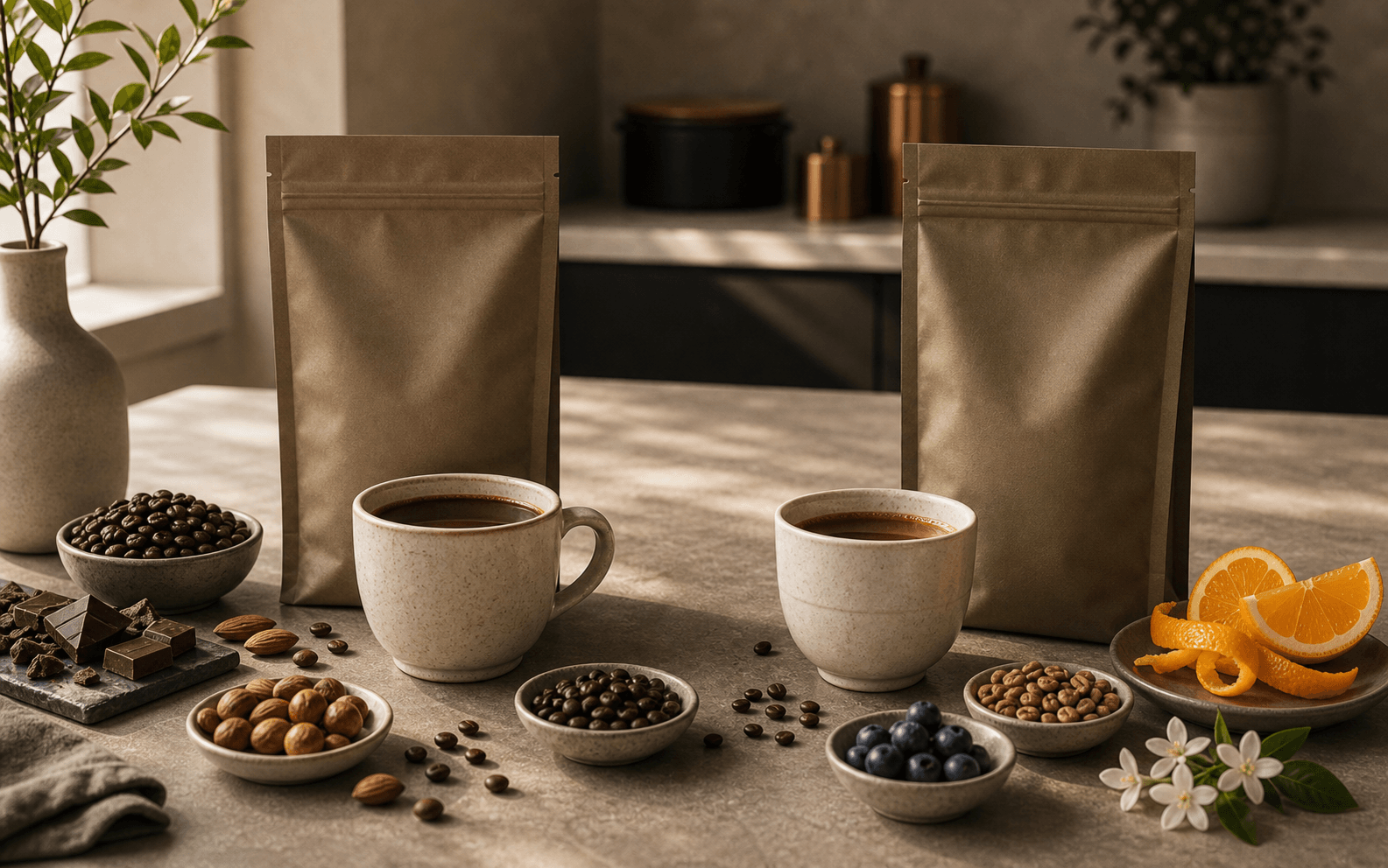 Premium comparison scene with two coffee tasting setups, roasted beans, citrus, nuts and unbranded coffee pouches
