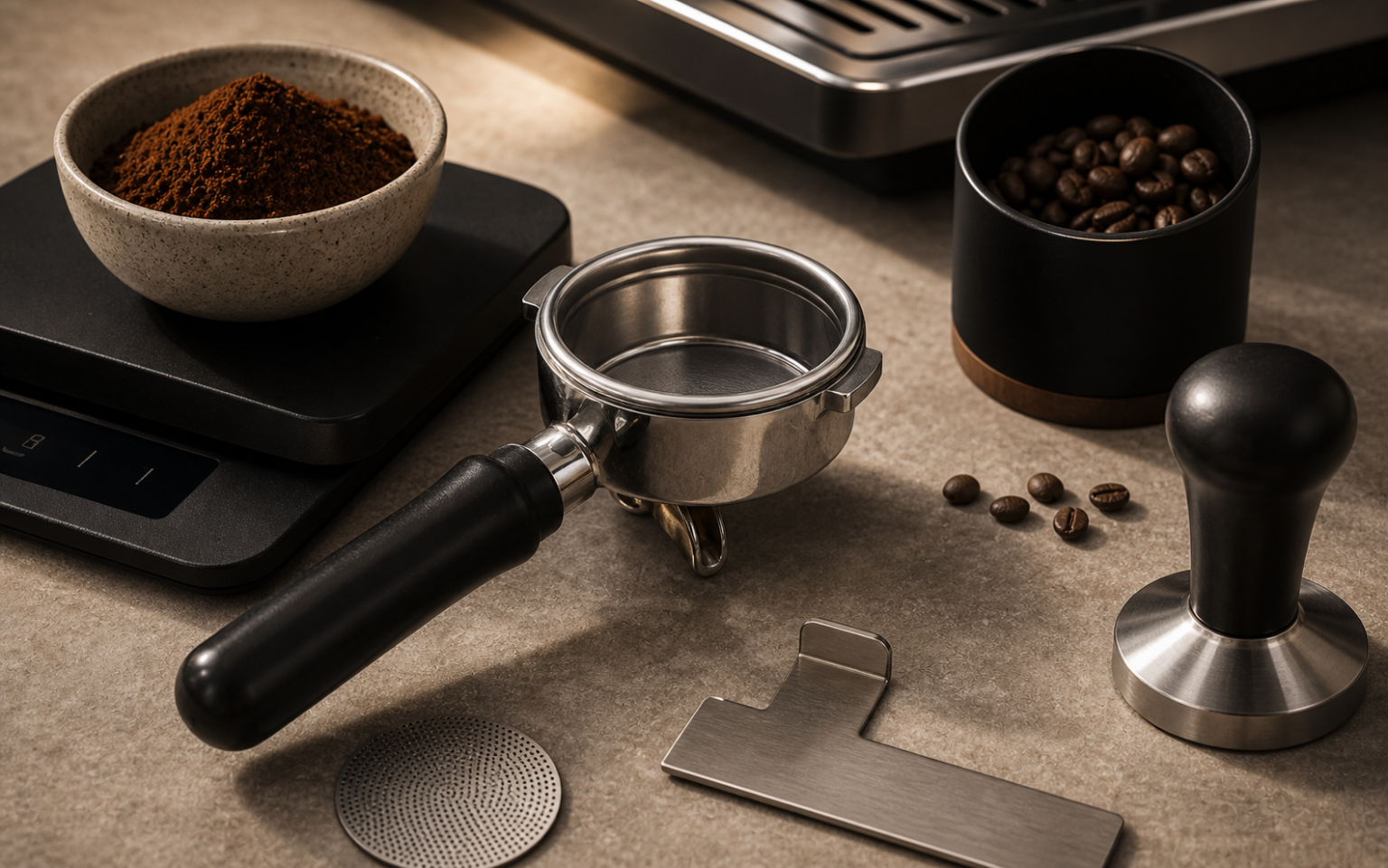 Close espresso preparation scene with portafilter basket, measured coffee, tamper, puck screen and precision scale