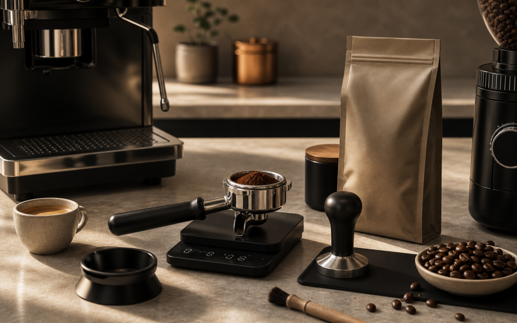 Premium espresso setup with portafilter, tamper, scale, grinder details, roasted beans and unbranded coffee pouch