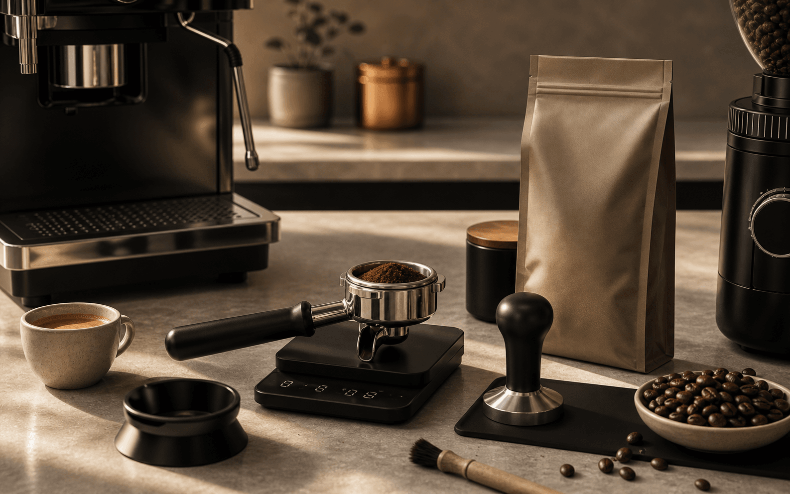 Premium espresso setup with portafilter, tamper, scale, grinder details, roasted beans and unbranded coffee pouch