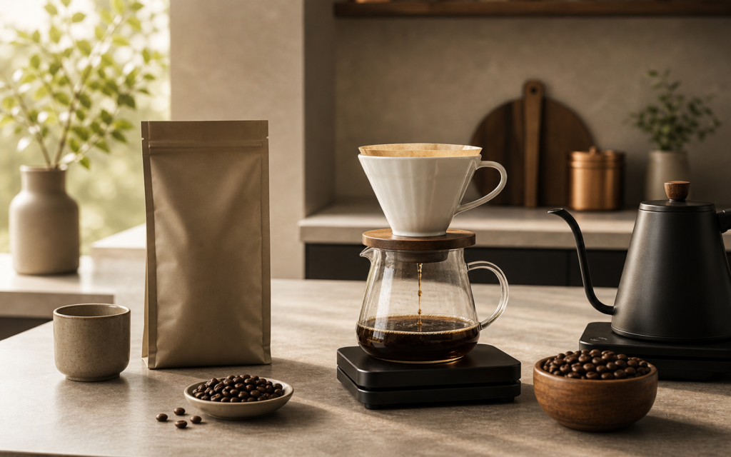Premium filter brewing setup with ceramic dripper, glass carafe, gooseneck kettle, scale, roasted beans and unbranded pouch