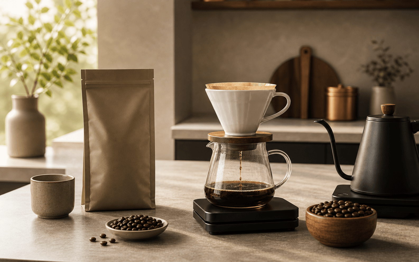 Premium filter brewing setup with ceramic dripper, glass carafe, gooseneck kettle, scale, roasted beans and unbranded pouch