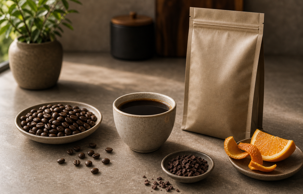 Premium authentic coffee scene with black coffee, roasted beans, citrus peel, cacao nibs and unbranded pouch