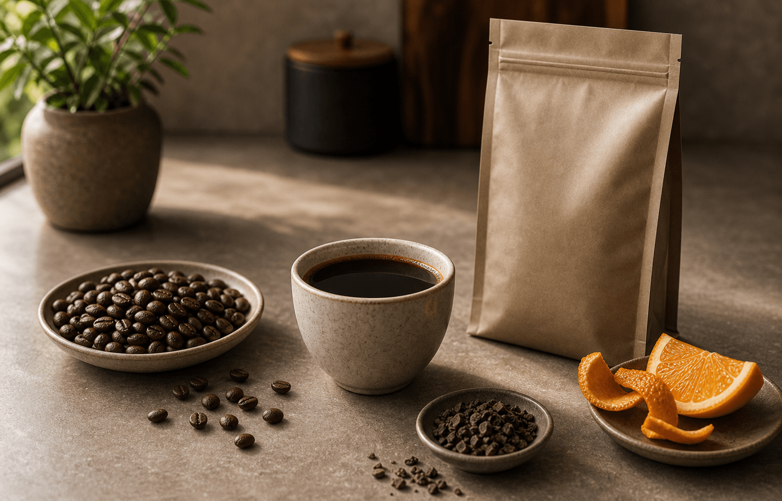 Premium authentic coffee scene with black coffee, roasted beans, citrus peel, cacao nibs and unbranded pouch