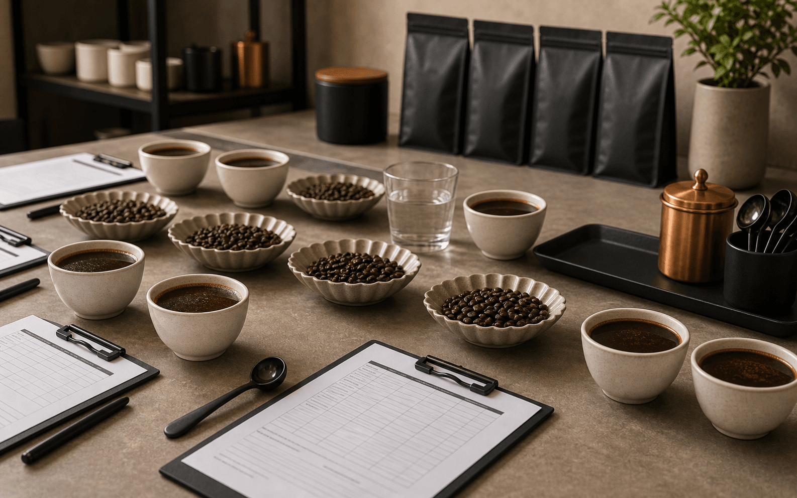 Professional coffee cupping table with ceramic bowls, cupping spoons, roasted beans and blank score sheets