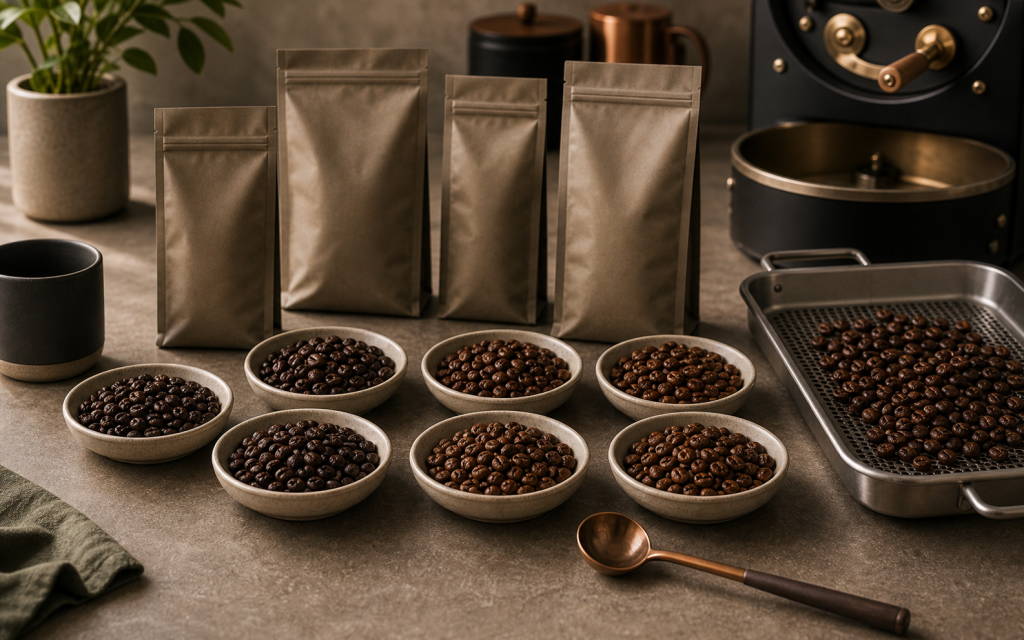 Premium roast profiling bench with multiple roasted bean samples, ceramic dishes, cooling tray and unbranded sample pouches