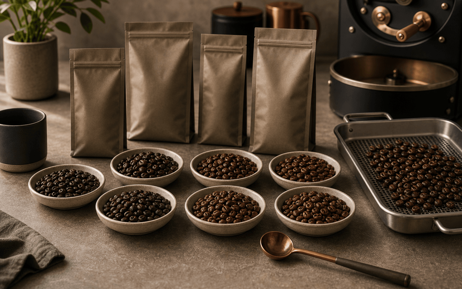 Premium roast profiling bench with multiple roasted bean samples, ceramic dishes, cooling tray and unbranded sample pouches