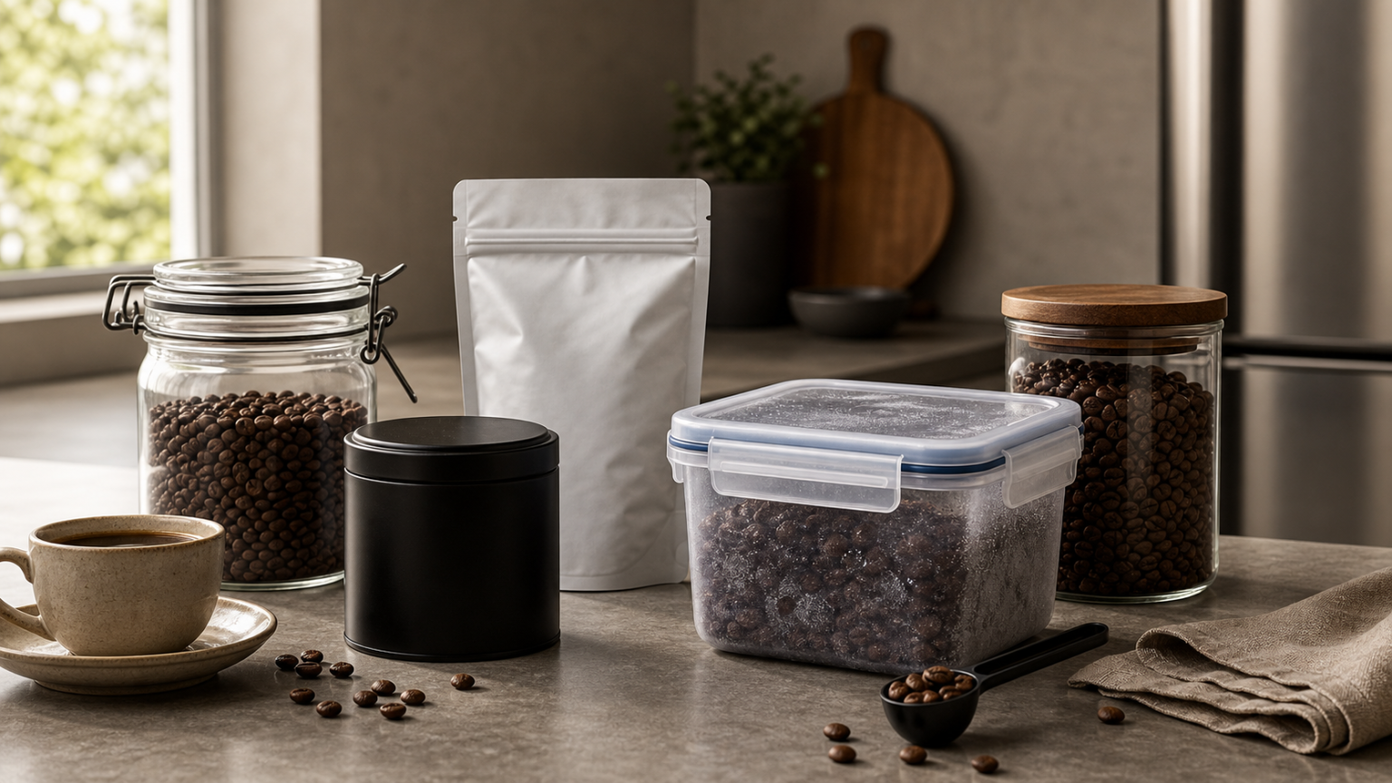 Premium coffee storage scene with airtight jars, matte canister, unbranded pouch, freezer-safe container and roasted beans