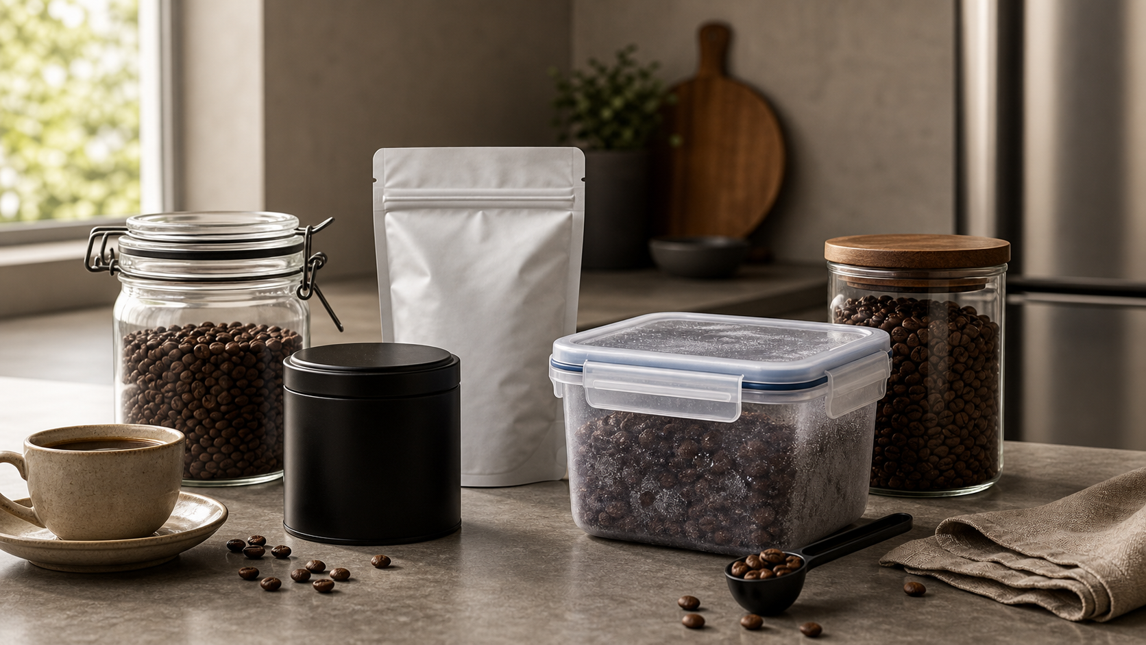 Premium coffee storage scene with airtight jars, matte canister, unbranded pouch, freezer-safe container and roasted beans