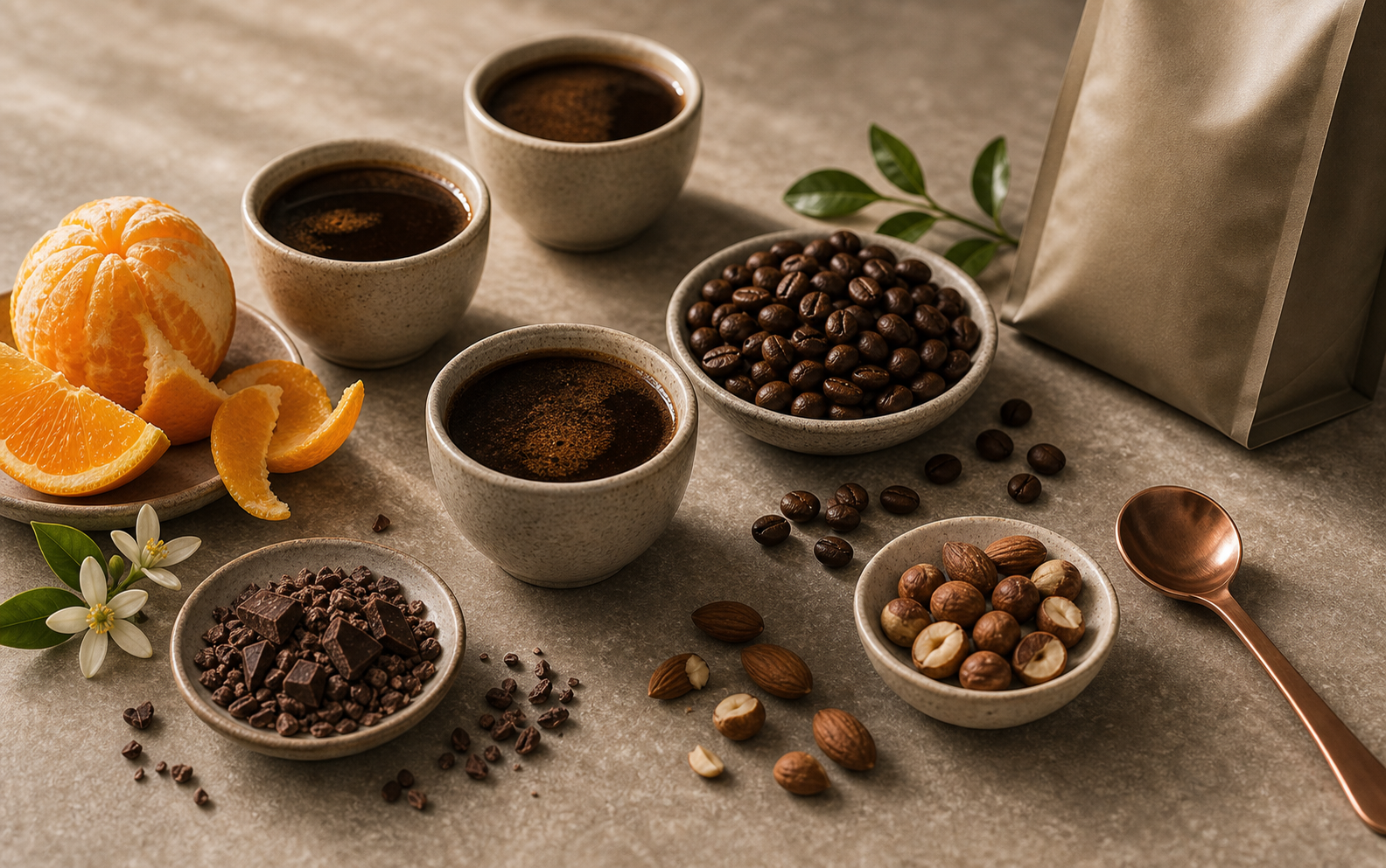 Premium tasting notes scene with coffee cups, roasted beans, citrus peel, cacao nibs, nuts and ceramic spoon