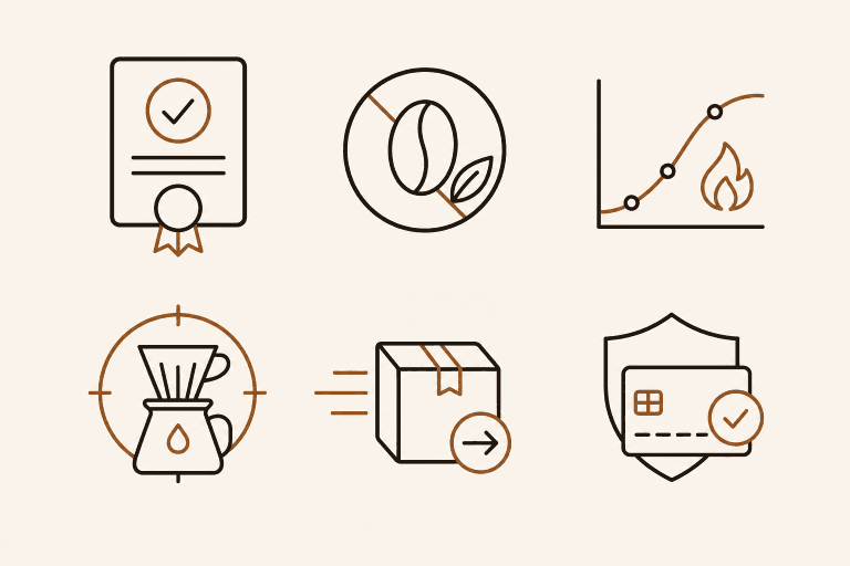 Premium coffee ecommerce icons for grading, roast profile, brewing, delivery and secure checkout