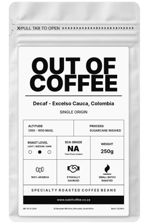 Out of Coffee Decaf Excelso Cauca, Colombia 250g coffee packaging