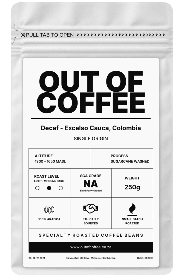 Out of Coffee Decaf Excelso Cauca, Colombia 250g coffee packaging