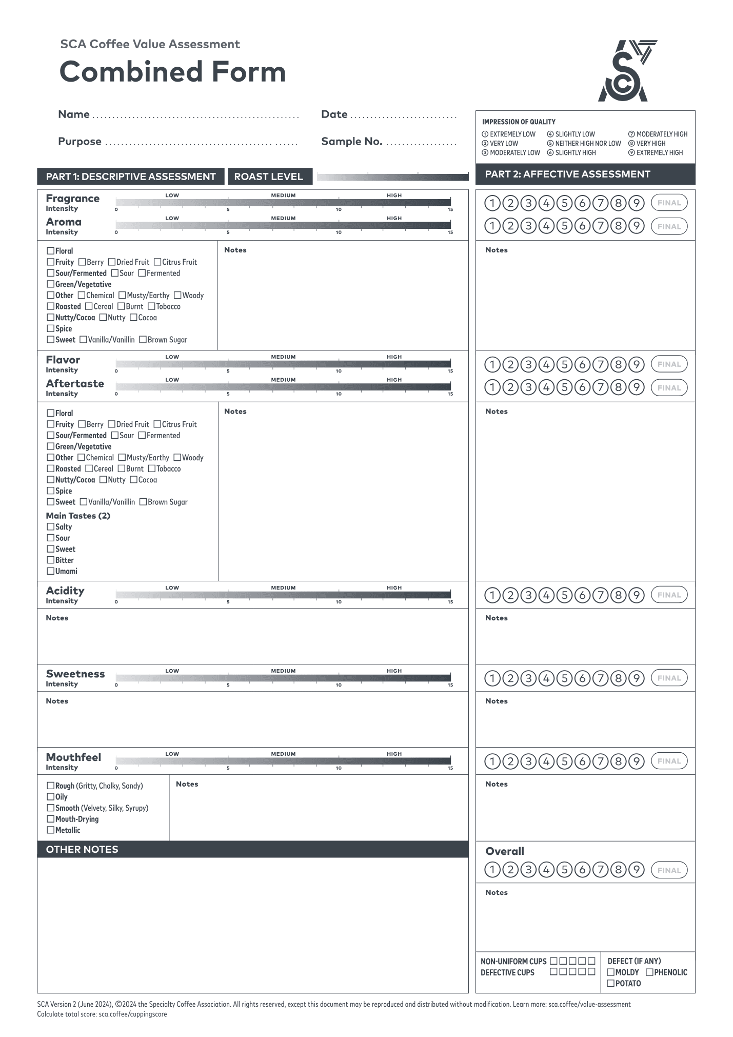 Screenshot of the official SCA Coffee Value Assessment Combined Form scorecard.